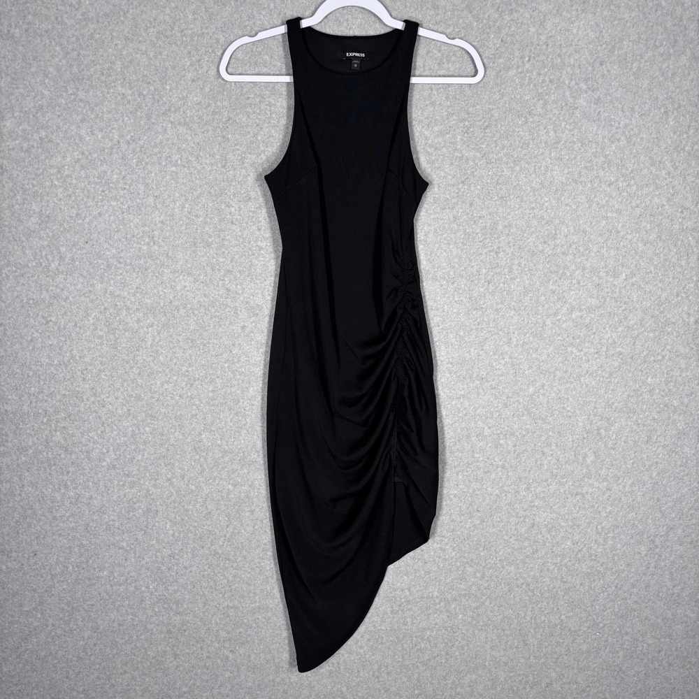 Express Ruched Asymmetric Dress XS Black Bodycon Mini to Midi Whimsigoth Stretch